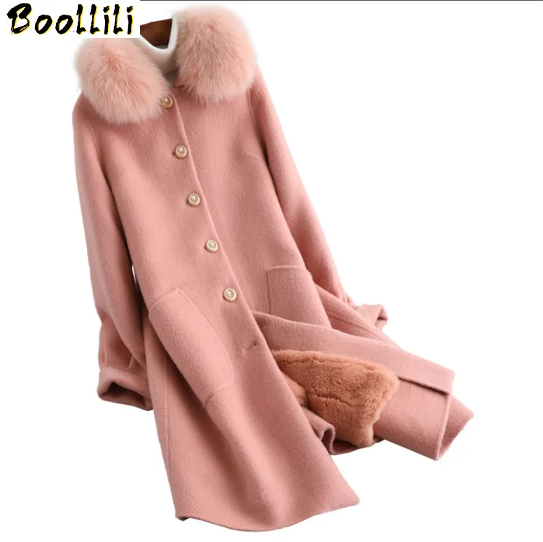 

Fur Boollili Real Coat Female Natural Rabbit Fur Liner 100% Wool Coat Winter Jacket Women Fox Fur Collar Warm Long Jackets