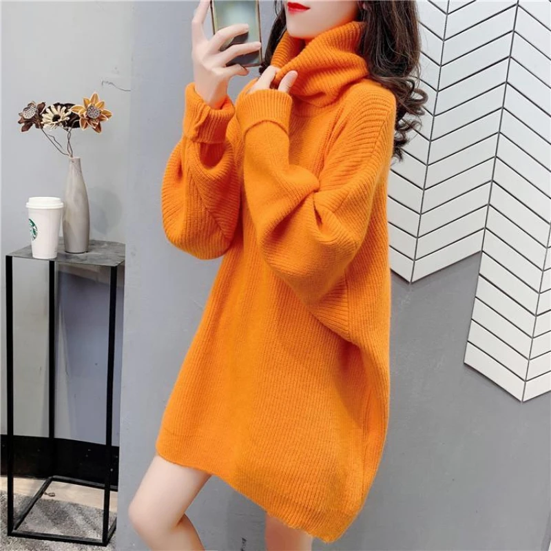 New Women's Autumn Turtleneck Sweater Fashion Warm Pure Color Mid-length Loose Pullover Tops 2020 Winter Women Sweaters   D21220