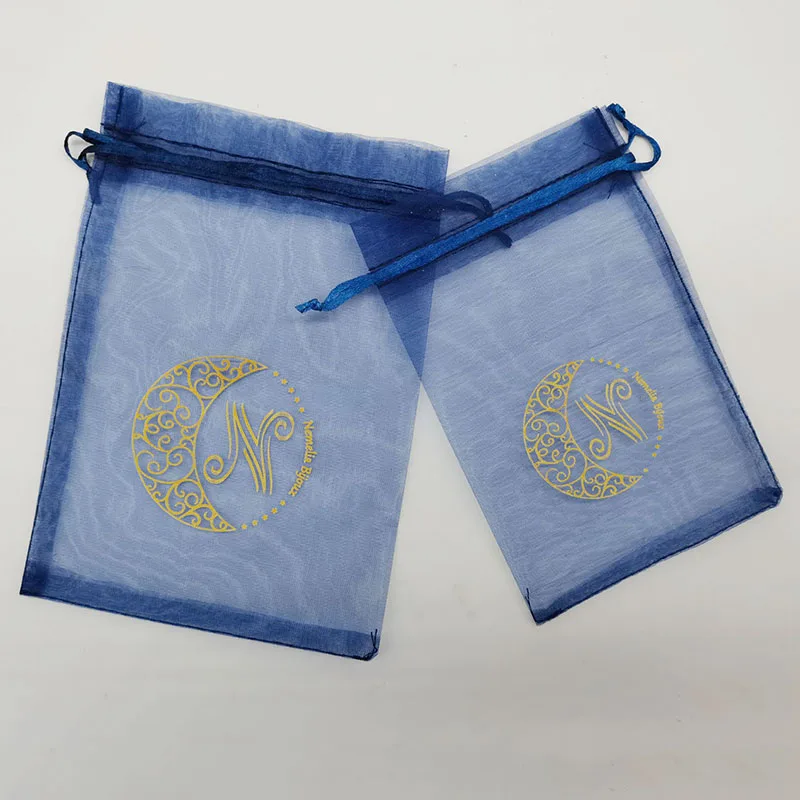 100pcs Customized personalized Logo Drawstring navy blue Organza Bags small Pouches Jewelry Package Bags jewels Organizer Bag