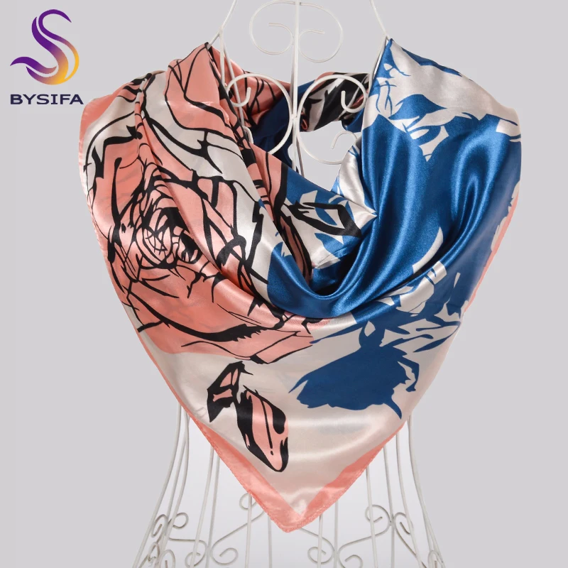 [BYSIFA] Fall Winter Coffee Red Muslim Head Scarf Hijabs Women Elegant Rose Design Satin Square Scarves Brand Silk Neck Scarf