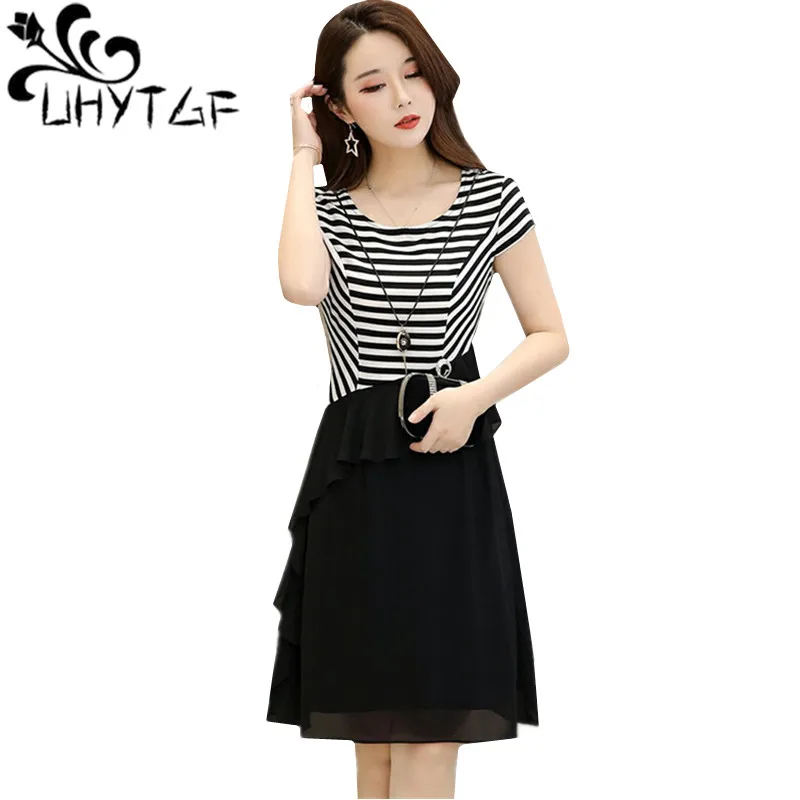 

UHYTGF 5XL big size dresses female fashion chiffon fake two-piece summer dress striped short sleeve elegant women's dress 802