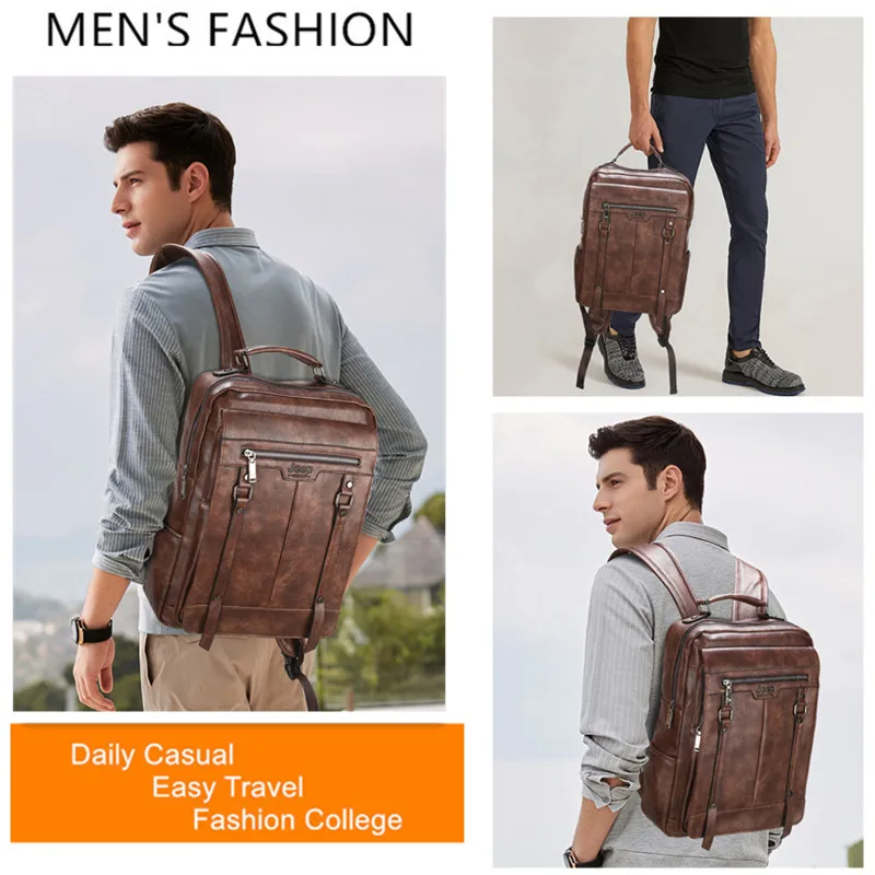 JEEP BULUO-Bolsa Masculina Casual para Laptop, Mochila de Couro Dividido, Bolsa para Computador, Alta Capacidade, Nova Tendência