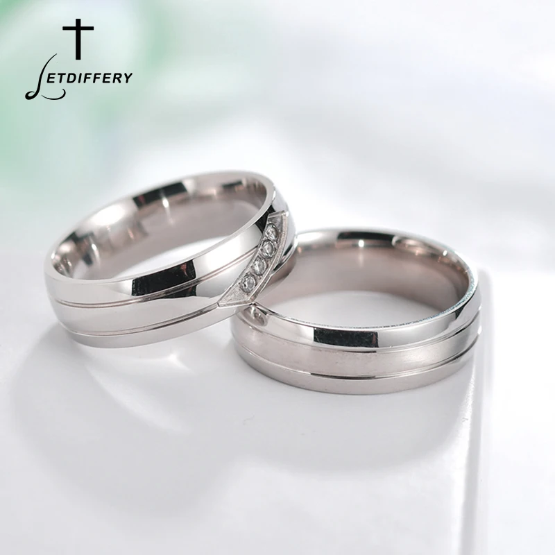 Letdiffery Simple Shining CZ Stones Wedding Rings 6mm Never Fade Stainless Steel Couple Rings Women Men Lover Jewelry