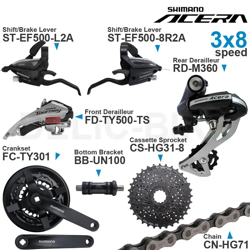 SHIMANO ALTUS Acera 3x8 Speed Groupset include EF500 Shifter TY500 Front/ M360 Rear Derailleur Crankset Cassette Sprocket Chain