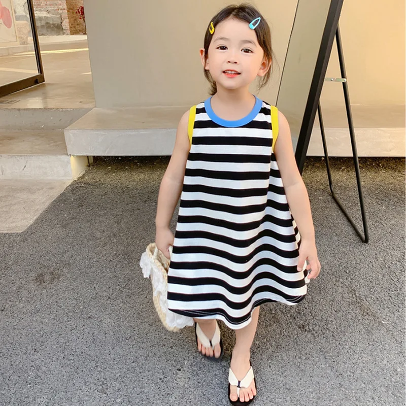 Summer Girls Dress 2021 New European American Style Simple Cool Loose Striped Vest T-Shirt Dresss Kids Children\'S Clothing