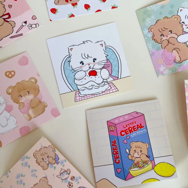 Korean Ins Cartoon Cute Bear Rabbit Postcard Kawaii Mini Square Bookmark Diy Decorative Card Photo Prop Wall Sticker 9 Sheets