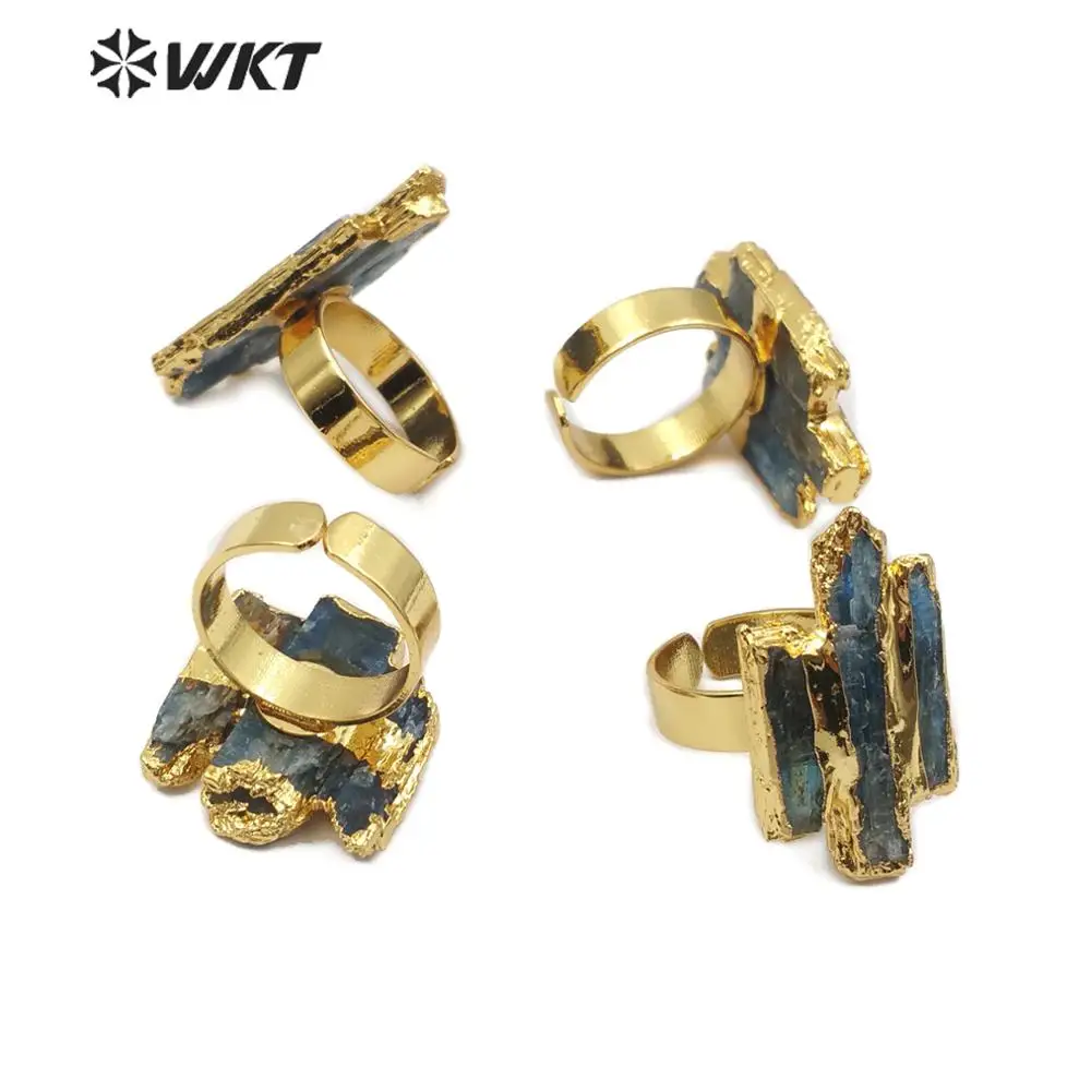 WT-R336 Natural Stone Ring Irregular Shape Raw Blue Kyanite With Gold Electroplated Unique Design Style For Woman Jewelry