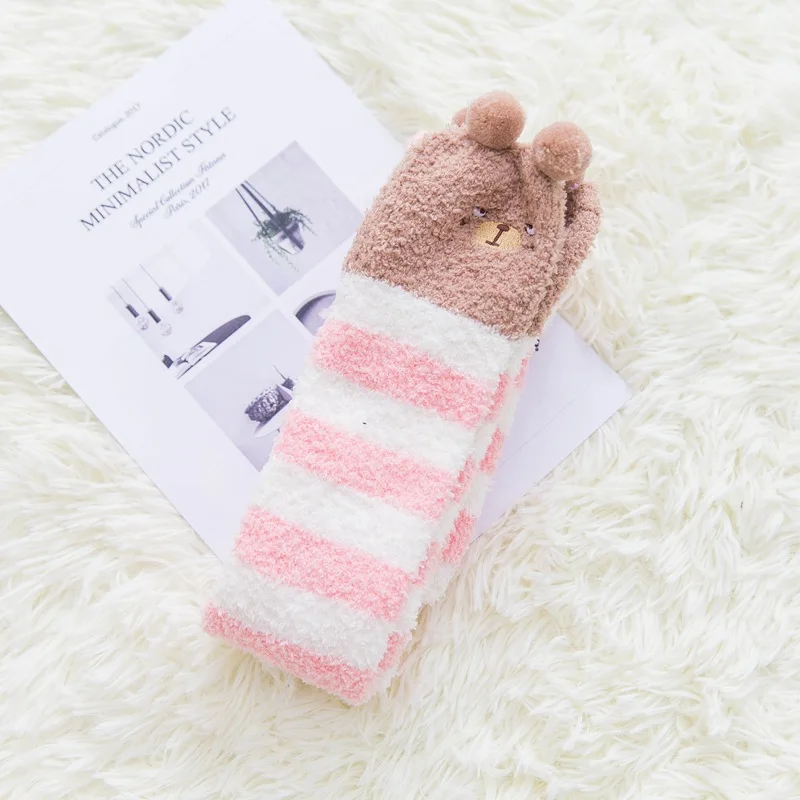 Soft Coral Fleece Knee Socks Winter Warm Girl Women Cute Cartoon Animal Stocking Striped Cozy Thigh High Christmas