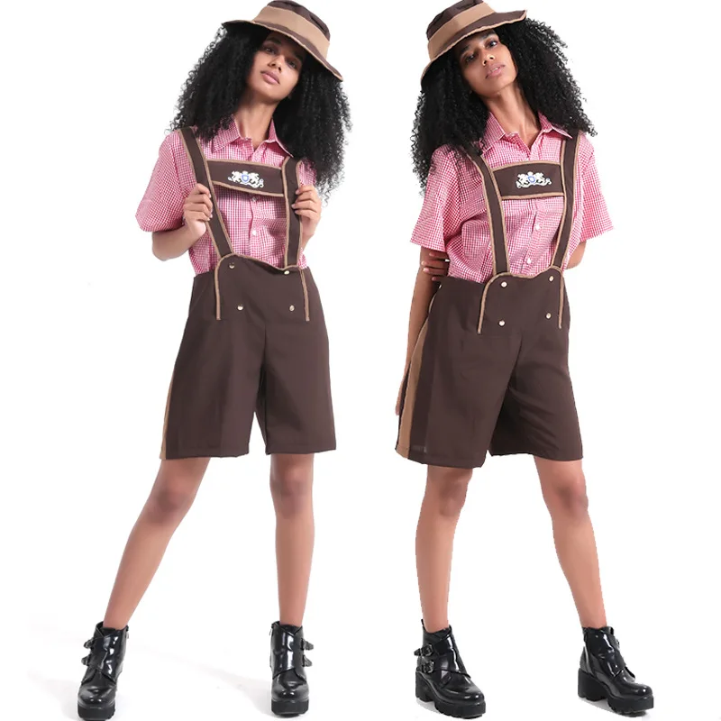 Ladies Oktoberfest Lederhosen Costume Outfit German Fancy Dress Beer Maid Wench Cosplay Clothes Hat Top Suspender Pants