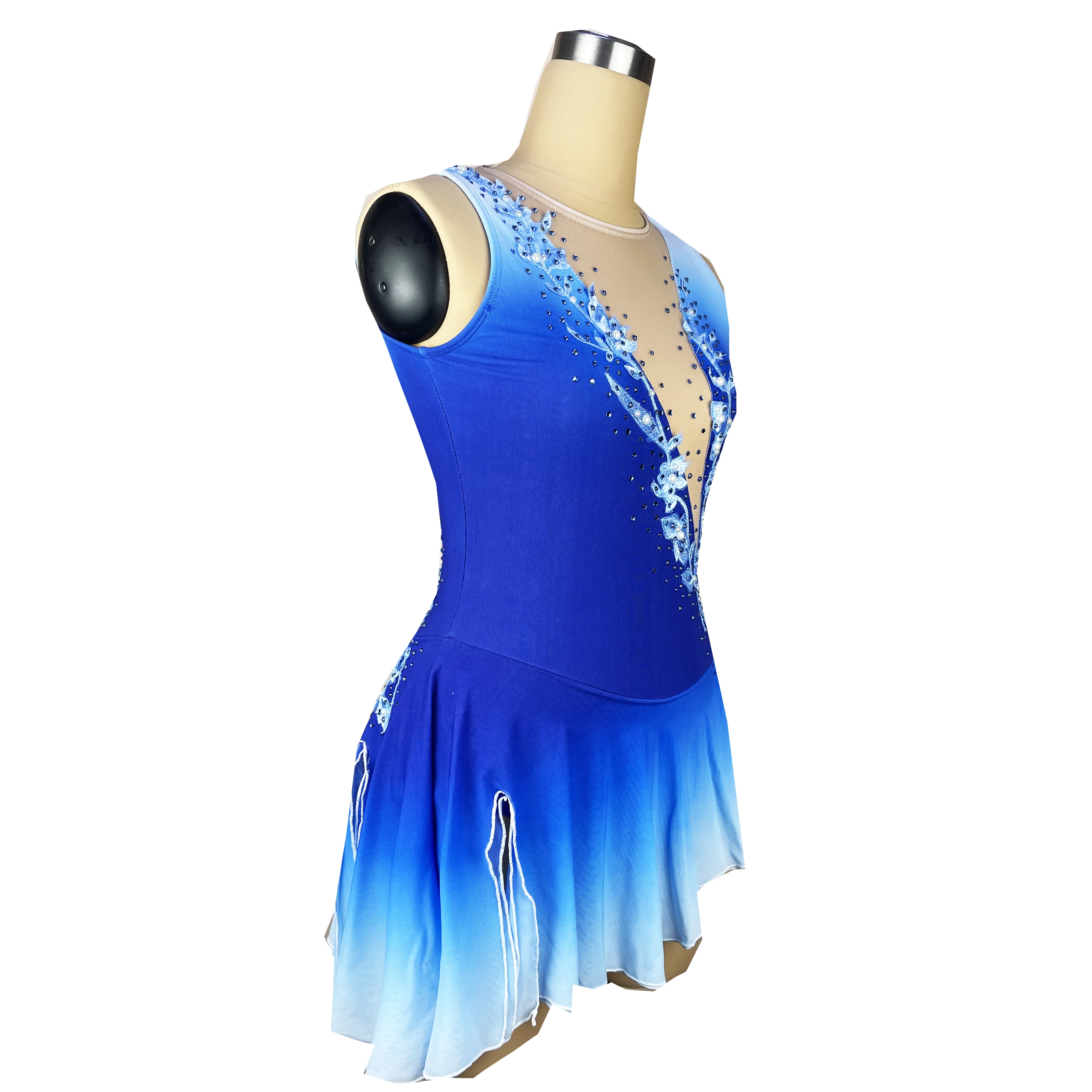 Blue Figure Skating Dress Sleeved Ice Skating Skirt Spandex