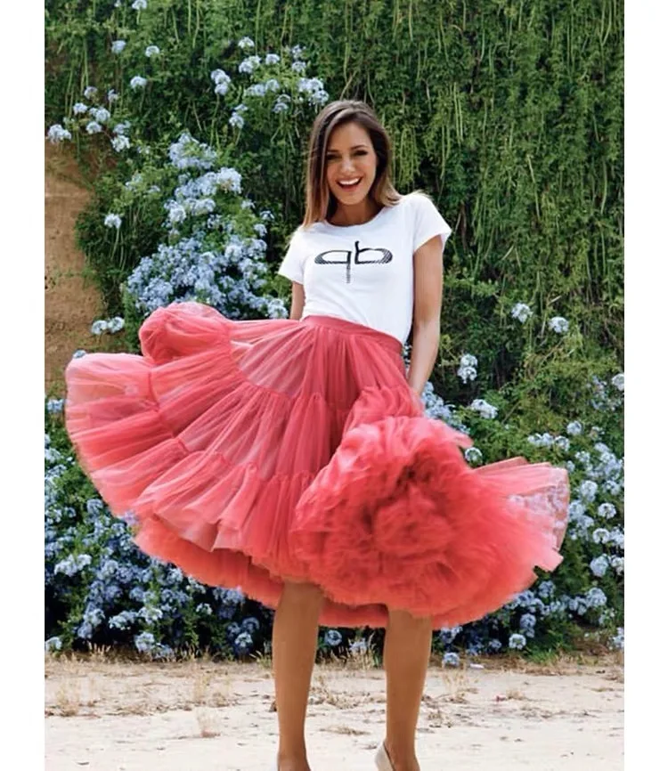 2020 Pretty Puffy Teal Mid-Calf Tulle Skirts Women Elastic Fashion Bridal Bridesmaid Tulle Skirt Ruffles Tutu Saias