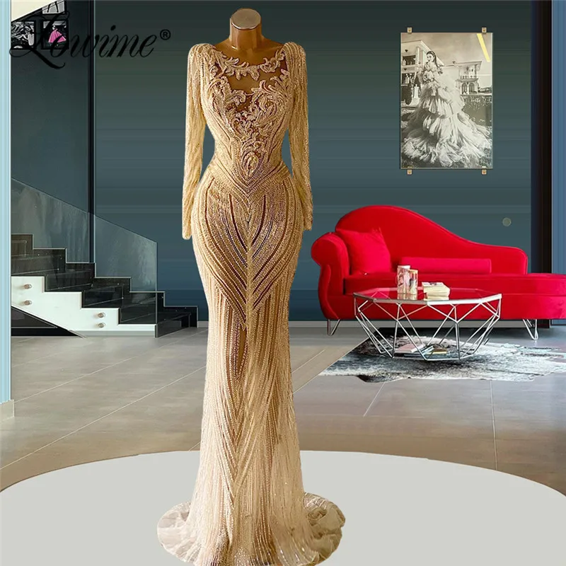 

Champagne Heavy Beading Luxury Evening Dresses Long Sleeves Mermaid Dubai Design Arabic Middle East Women Party Prom Dress Robes