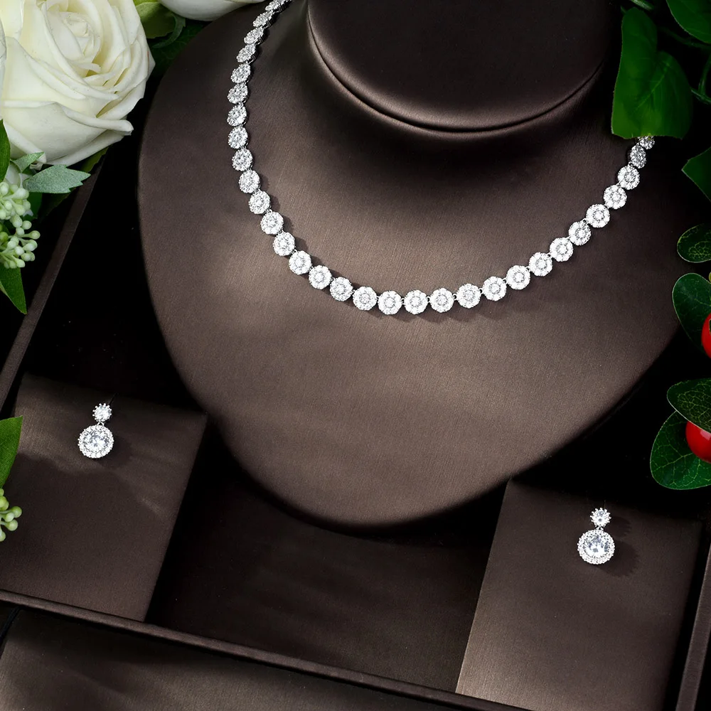 HIBRIDE Fashion Simple Round Shape Cubic Zirconia Jewelry Set for Women Nigerian Wedding Jewelry Set Party Accessories N-1088