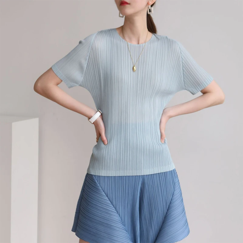 

Miyake pleated Simple Tops 21 Summer New Temperament Fashion Slim Short Sleeve casual basic bottoming Tees for woman