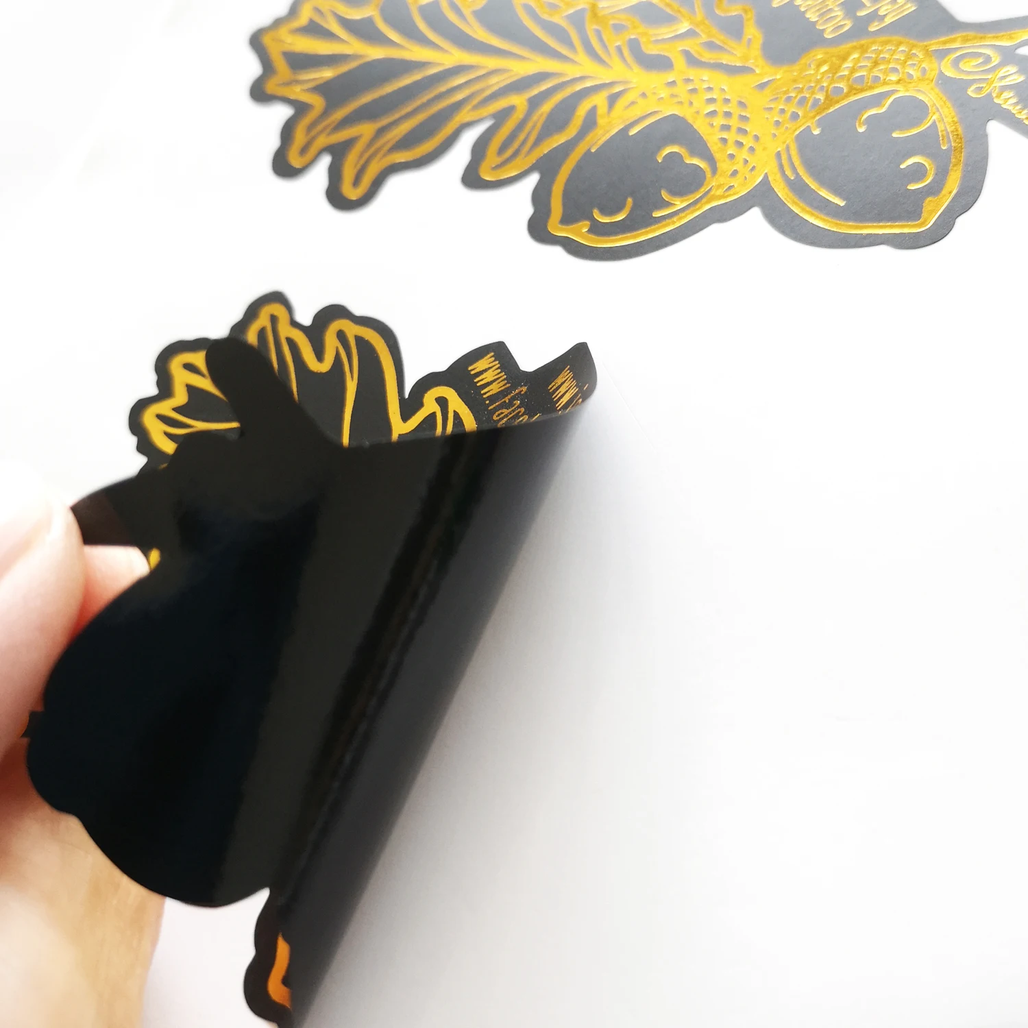 

Custom order Shining Gold Foil hot stamping on Matte black PVC, Irregular die cut special-shaped, Item No. CU58