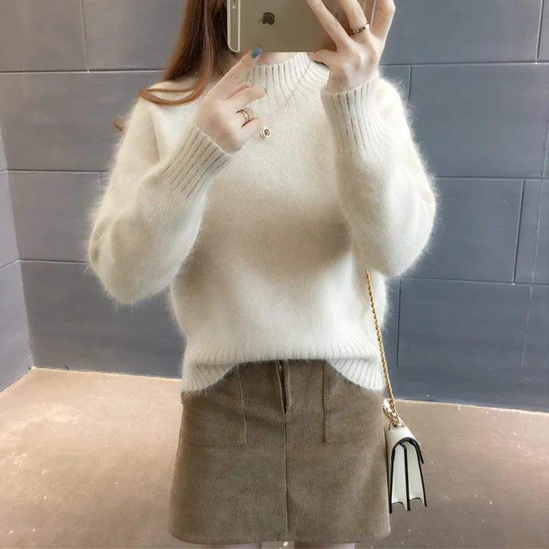 Super Warm Fluffy Mink Cashmere Soft Sweaters Women Half High Neck Pullovers 2023 Fall Winter Jumper Female Bottoming Sweater