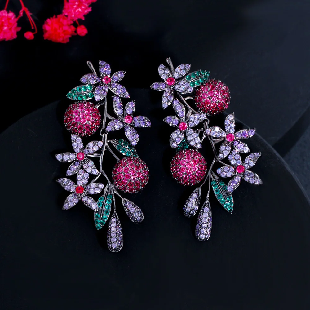 CWWZircons Noble Luxury Multicolor Purple Red Cubic Zirconia Long Drop Leaf Earrings for Women Party Costume Jewelry CZ978