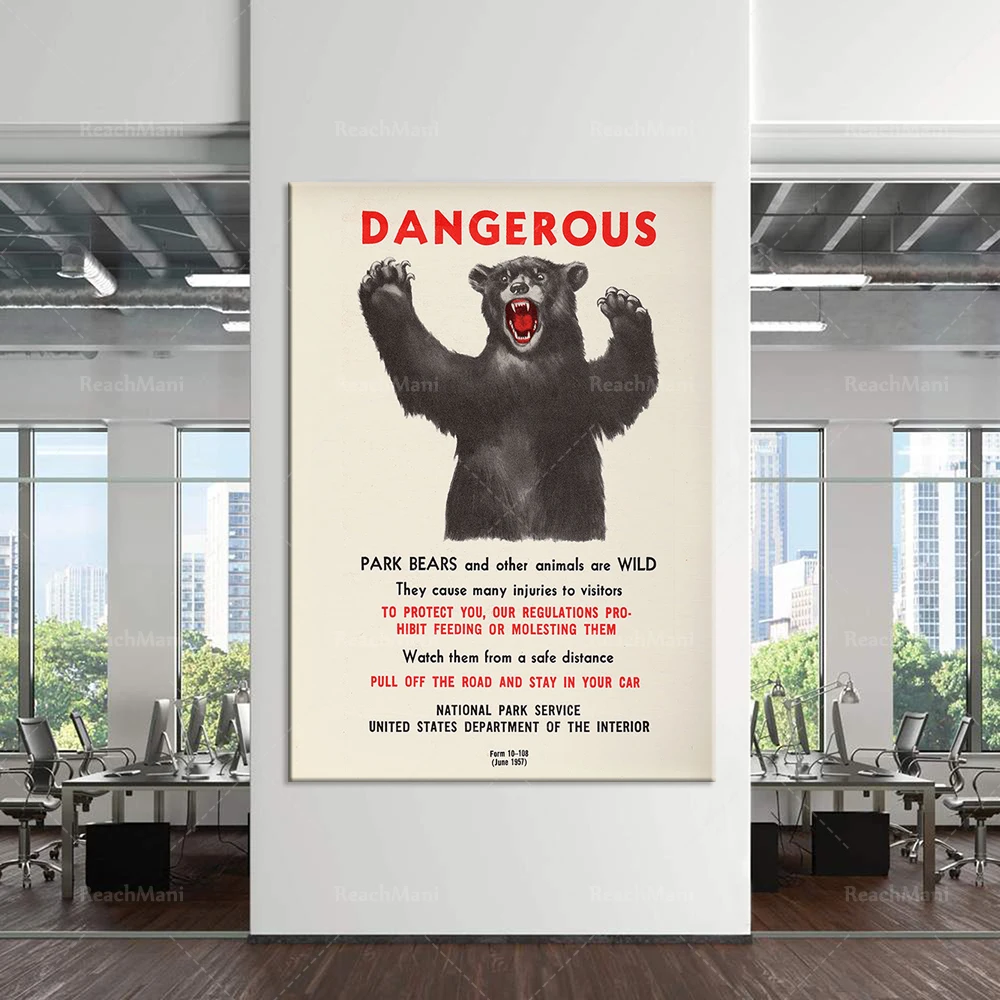 Vintage bear prints or posters • Vintage bear warning signs • Do not feed bears decorative posters for hunting in Yellowstone Na