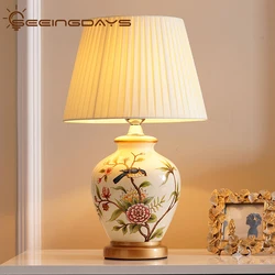 Retro New Chinese Bird and Flower Ceramic Table Lamp Bedroom Bedside Lamp Living Room Bedside Lamp