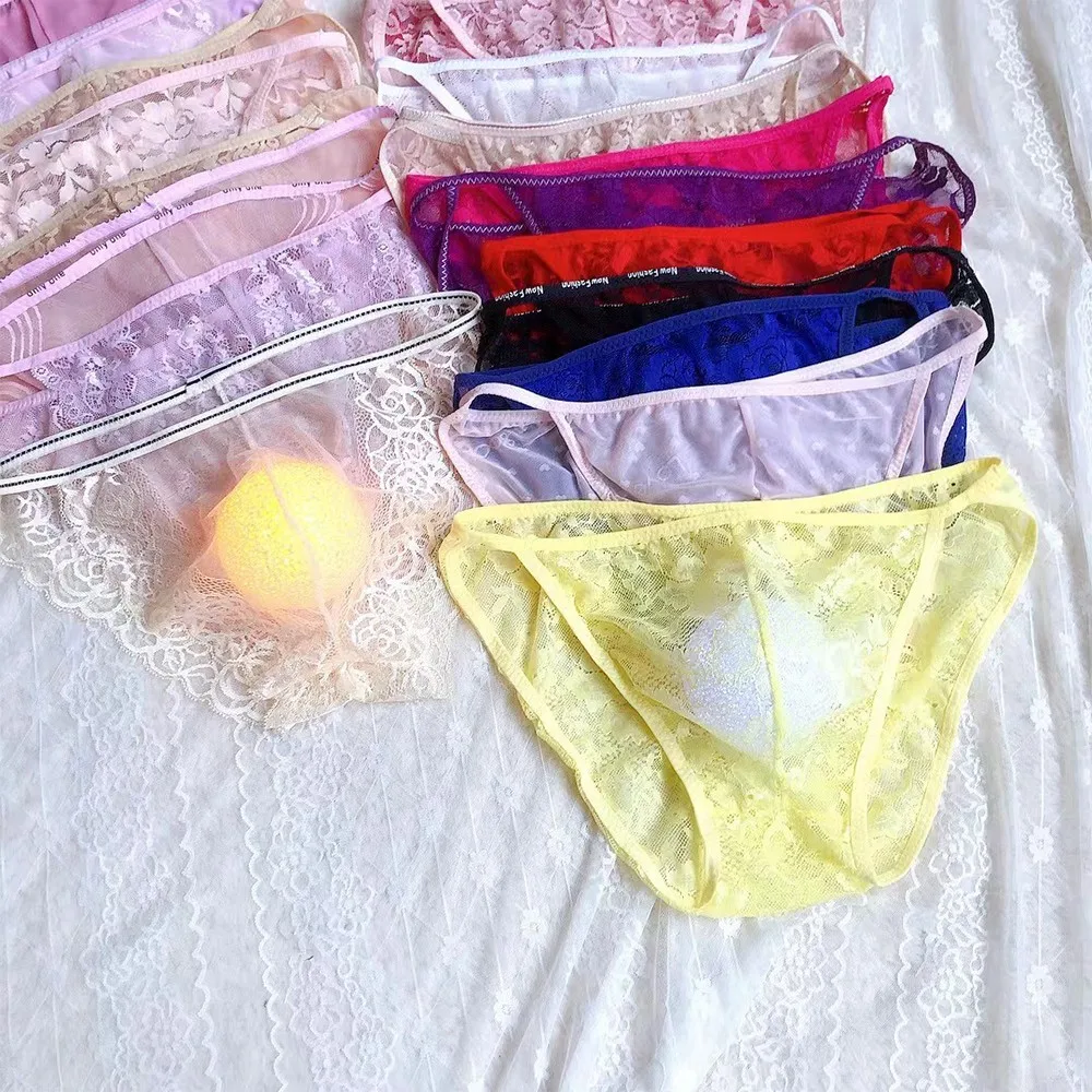 Men Lace Sheer Briefs Sexy Sissy Pouch G Strings Micro Bikini Thongs See Through Underwear Perspective Intimates Underpants Gays