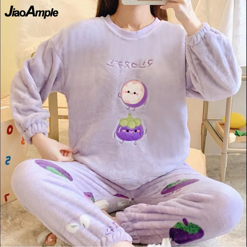 Flannel Pajamas Women Winter Warmth Thickened Long-sleeved Trousers Pijamas Two-piece Female Cute Nightwear Home Clothes Suit