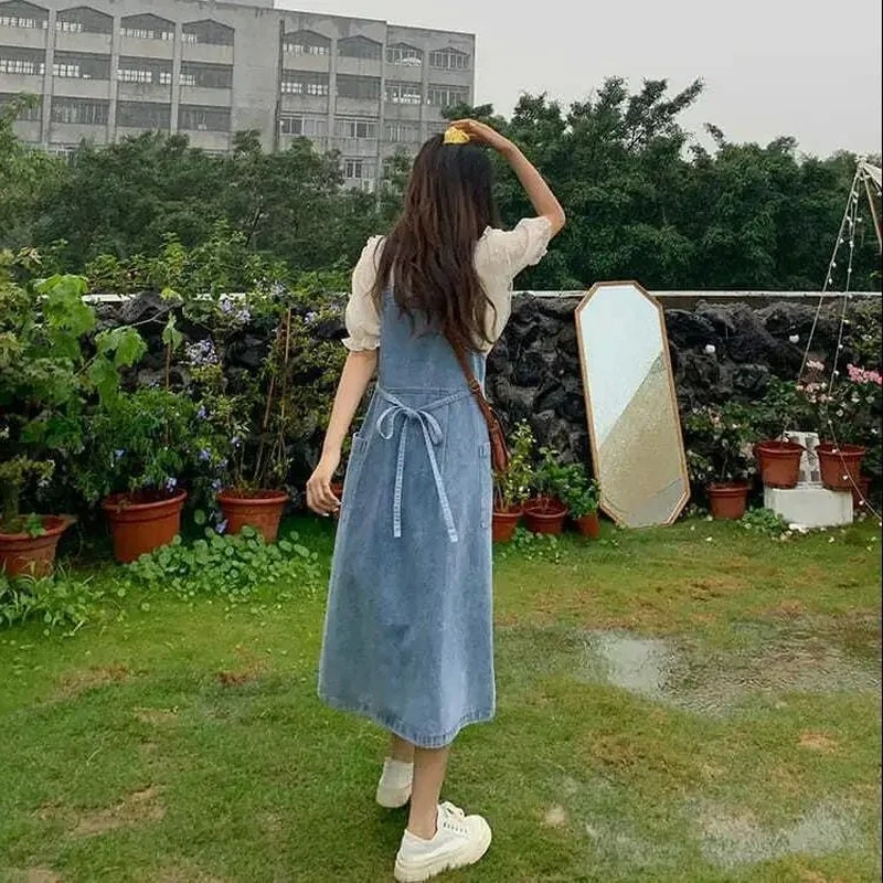 Sleeveless Dress Women Denim Square Collar Vintage A-line Ins Students Trendy Ulzzang All-match Leisure Pockets Vestido Feminino