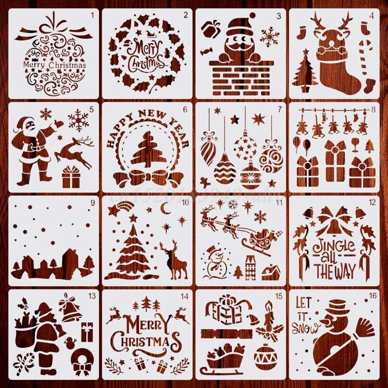 16Pcs/12Pcs Diy Vrolijk Kerstfeest Tekening Stencil Templates Embossing Papier Kaart Schilderen Scrapbooking Stempel Album Decoratie