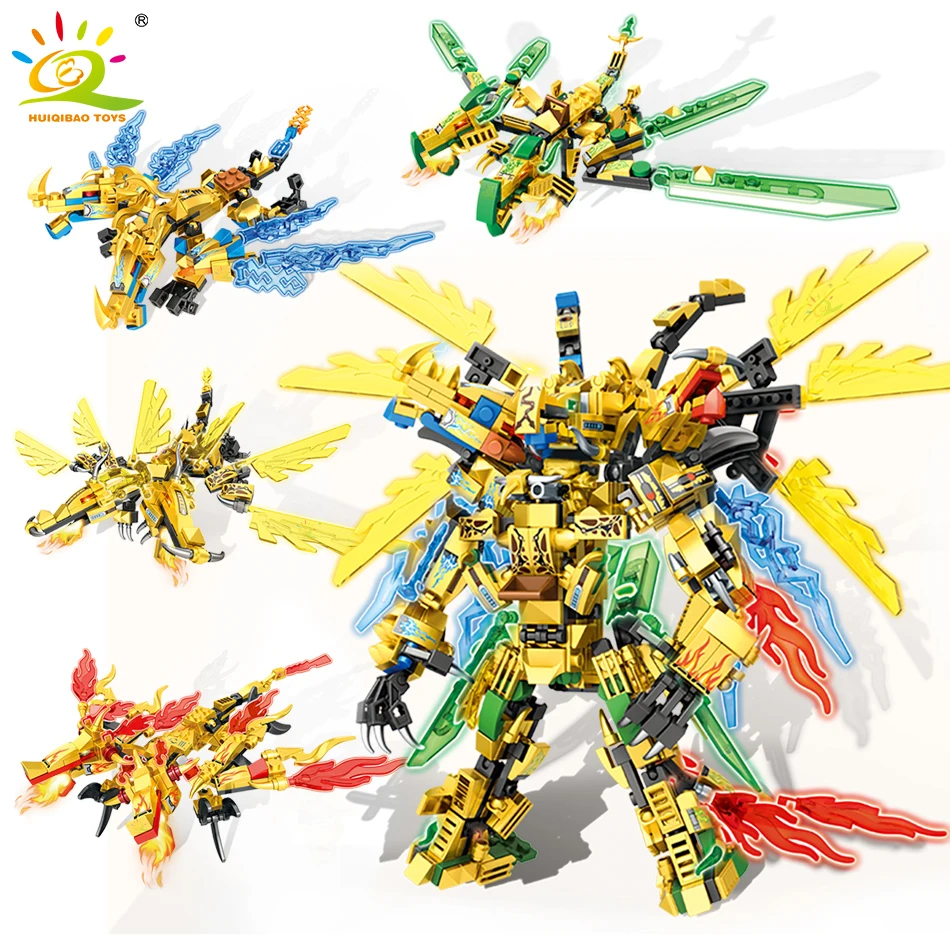 HUIQIBAO 727pcs Ninja Gold Dragon Knight Mecha Weapon Building Blocks City 4in1 Robot Fight Ninja Figures Bricks Toys Children