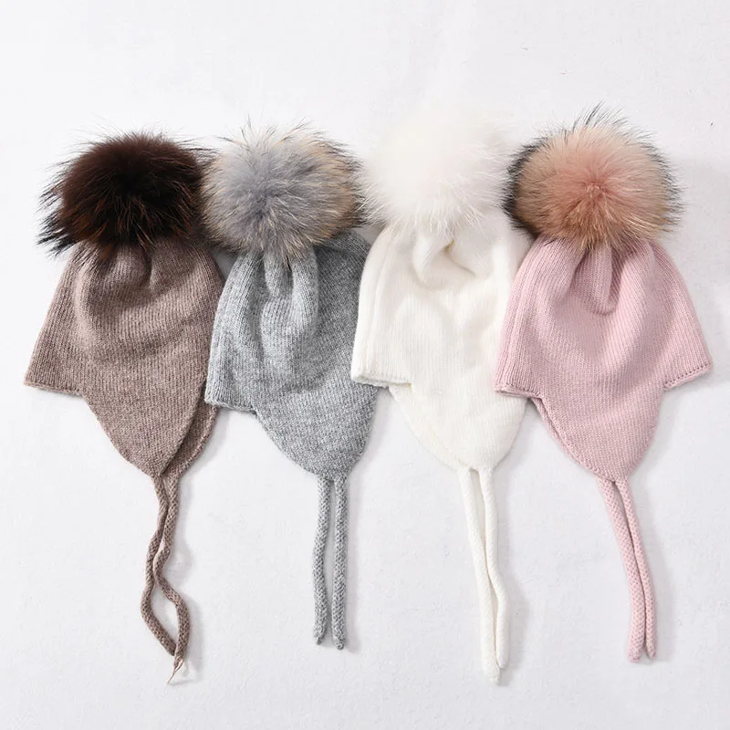 Jxwatcher Autumn Winter Kids Beanie Hat Real Fur Pom Pom Cap Boys Girls Wool Knitted Warm Beanie Cotton Ears Hats