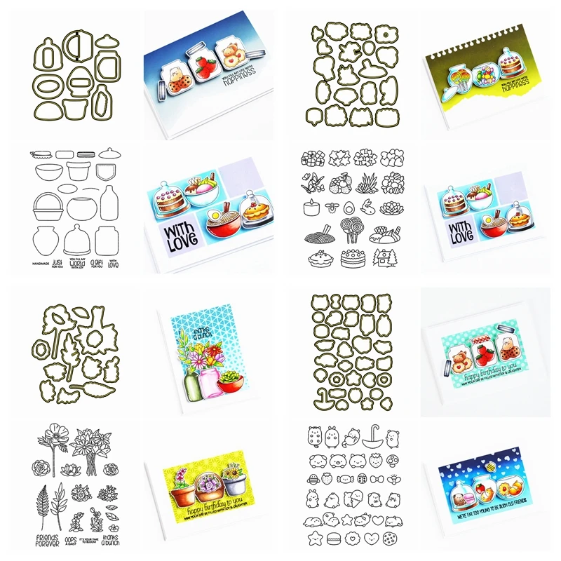 Cutting Dies and Clear Stamps Set Various Bottle Cover Candy Noodle Cake Piggy Critter Flowers Plant DIY Scrapbooking Cards 2021