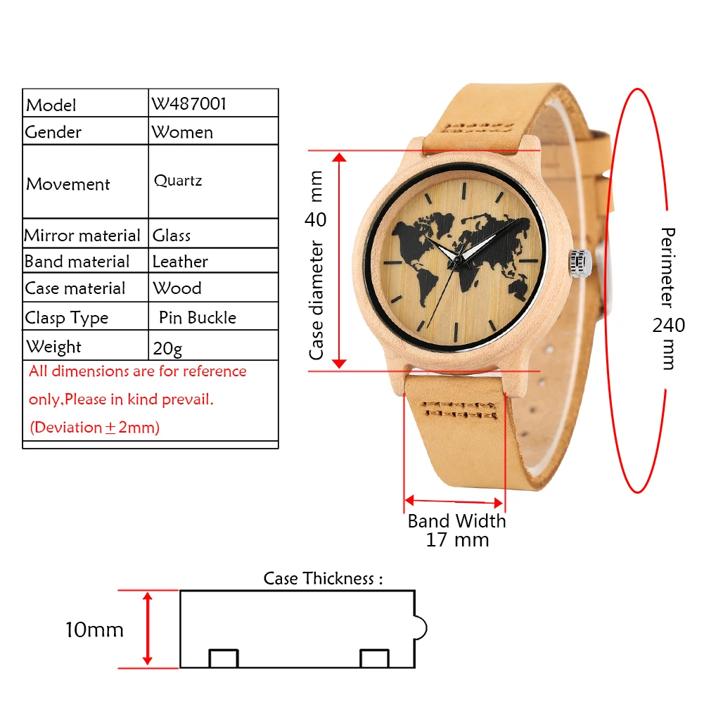 Simple Art Ink Maple World Map Pattern Dial Watch Women\'s Wood Watch Leather Band Casual Quartz Wooden Wristwatches Ladies Clock