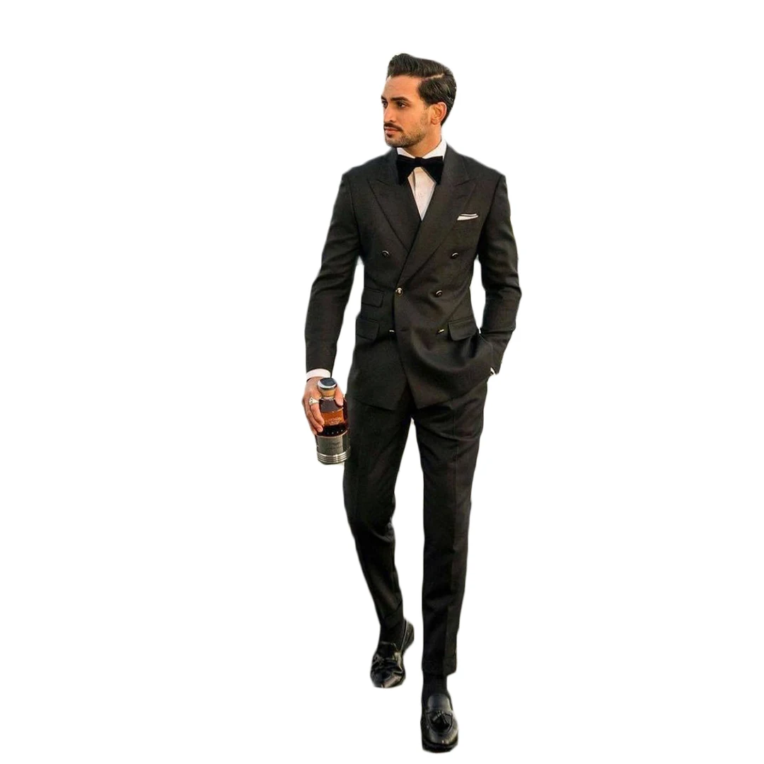 Knappe Zwarte Bruidegom Bruiloft Smoking Slim Fit Double Breasted Pakken Prom Party Business Outfit Twee Stukken (Jas + Broek)