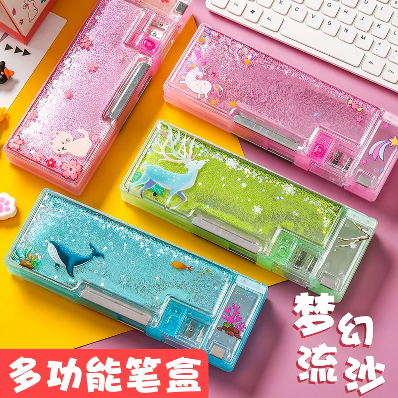 Multi-function Quicksand Style Pencil Case Large-capacity Stationery Box Creative School Supplies Kawaii Transparent Pen Box