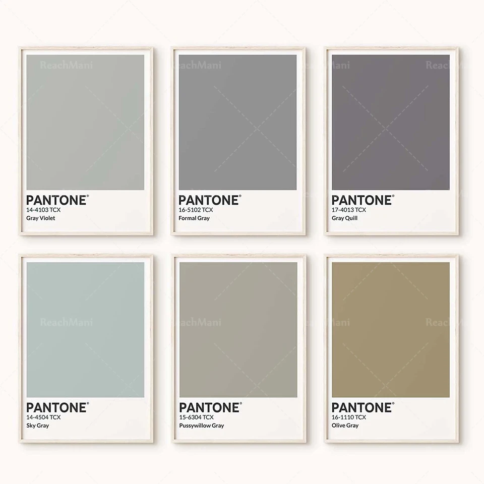 Set of 6 Prints Pantone Gray Colors, Mint, Green, Pastel, Olive, Light print set, digital poster gray colors swatch