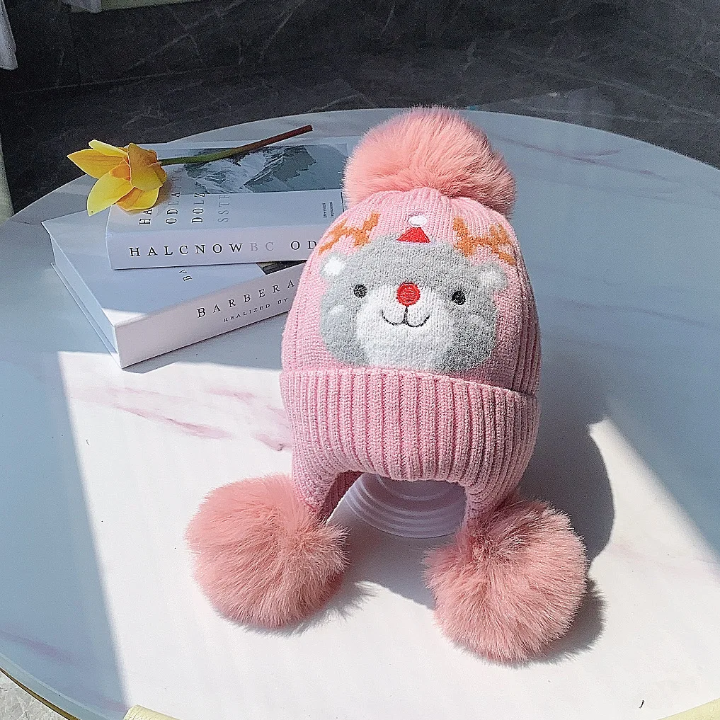 

Winter Elk Christmas Pattern Double Hair Ball Children Pompom Knitted Hat Cute Warm Windproof Ear Cap