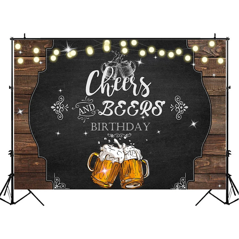 Toile de fond de photographie Cheers and Beers, décorations de fête joyeux anniversaire, bannière rustique, fond en bois scintillant, accessoires photo