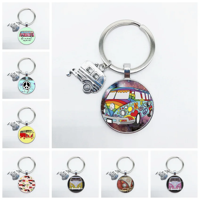 Popular New Vintage Car Peace Sign Van Bus Keychain with Car Pendant Personality Male and Female Keychain