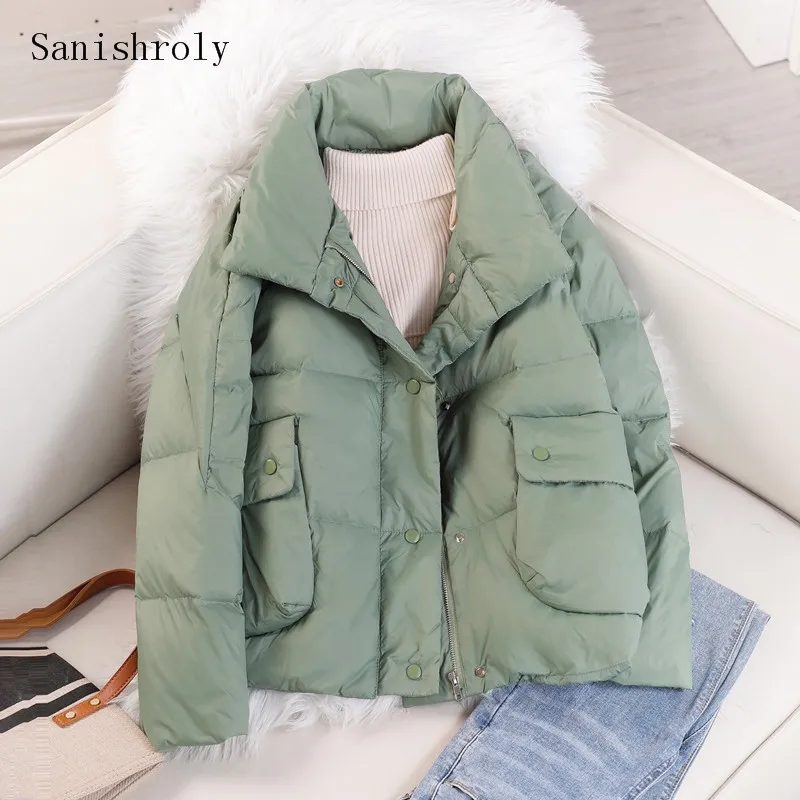 2021 Autumn Winter Coat Women Warm Thicken White Duck Down Coat Ladies Pockets Stand Collar Jacket Casual Loose Down Parkas Tops