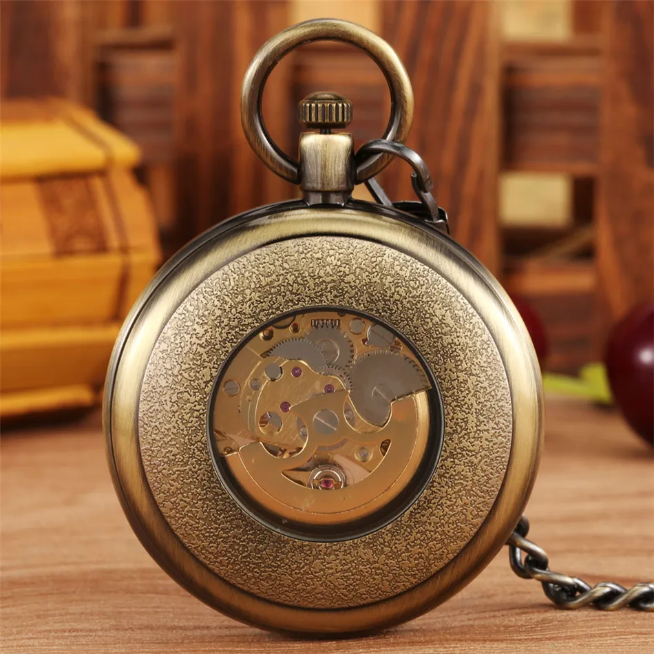 Antique Bronze Mechanical Pocket Watch Automatic Self Winding Retro Open Face Pendant Pocket Clock Gifts Male New Arrival 2021