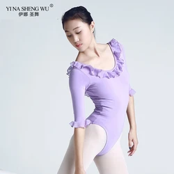 Girls Adult Ballet Leotards Cotton Lotus Leaf Half Sleeve Dance Practice Wear Purple Black Gymnastics Leotard For Women