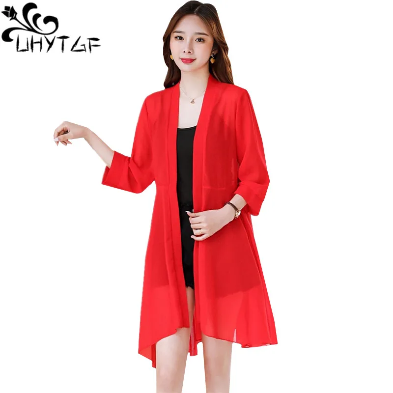 

UHYTGF Fashion Women Sunscreen Clothing Chiffon Cardigan Shawl Summer Jacket Female Comfortable Wild Casual Big Size Tops 1632