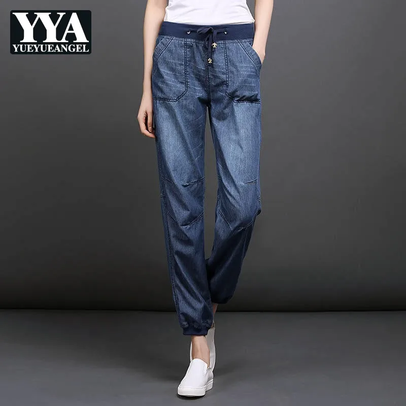 Summer Thin Casual Jeans Women New Loose Elastic Waist Harem Pants Comfortable Denim Ankle-Length Pants 4XL