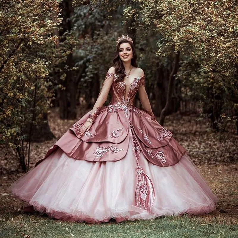 Lantejoulas bordado vestido de baile quinceanera vestidos fora do ombro até o chão pescoço em camadas doce mangas compridas festa da menina