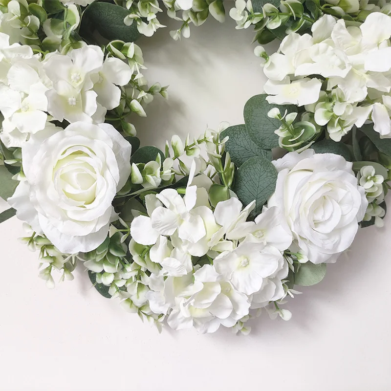 White Hydrangea Green Leaves Eucalyptus Garland Home Decor Artificial Flower Wreath For Wedding Decoration Christmas Ornament - Image 4