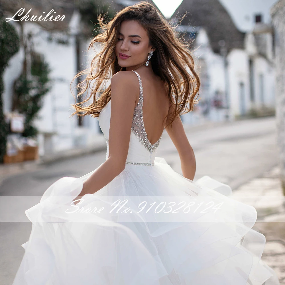 Lhuilier Elegante A-lijn V-hals Kralen Trouwjurken Floor Lengte Hoge Taille Sweep Trein Backless Tulle Bridal Jurk