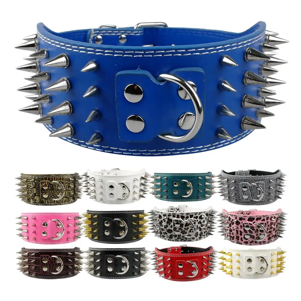 Wide Spikes Studded Leather Pet Dog Collar, Large Breeds, Pitbull, Doberman, M, L, XL Sizes, 3 Inch