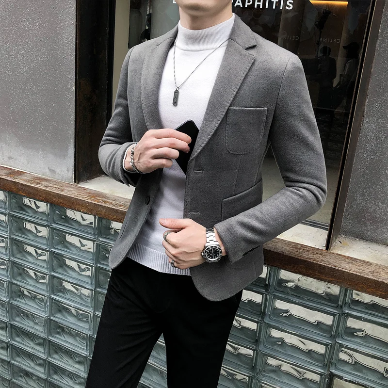 

British Style Men Keep Winter Slim Fit Woolen Cloth Coat/Male High Quality Solid Color Business Suit Jackets/Man Blazers S-3XL