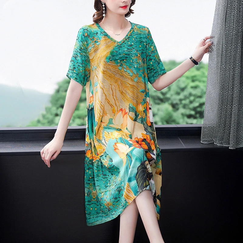 Women Casual Green Print Midi Dress 2024 Summer Vintage Floral Natural Silk Dress Elegant Bodycon Party Evening Vestidos