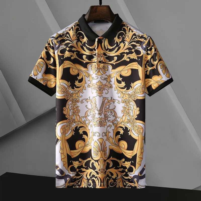 

Summer Men Fashion Casual Short-sleeved T-shirt Baroque Black Gold Pattern Printing Lapel Ice Silk T-shirt Men Mannen Kleding