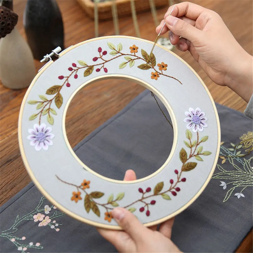 DIY Hollow Flower Embroidery Starter Kit with Bamboo Embroidery Hoop Cotton Linen Cloth Color Thread Art Needlework Sewing Craft